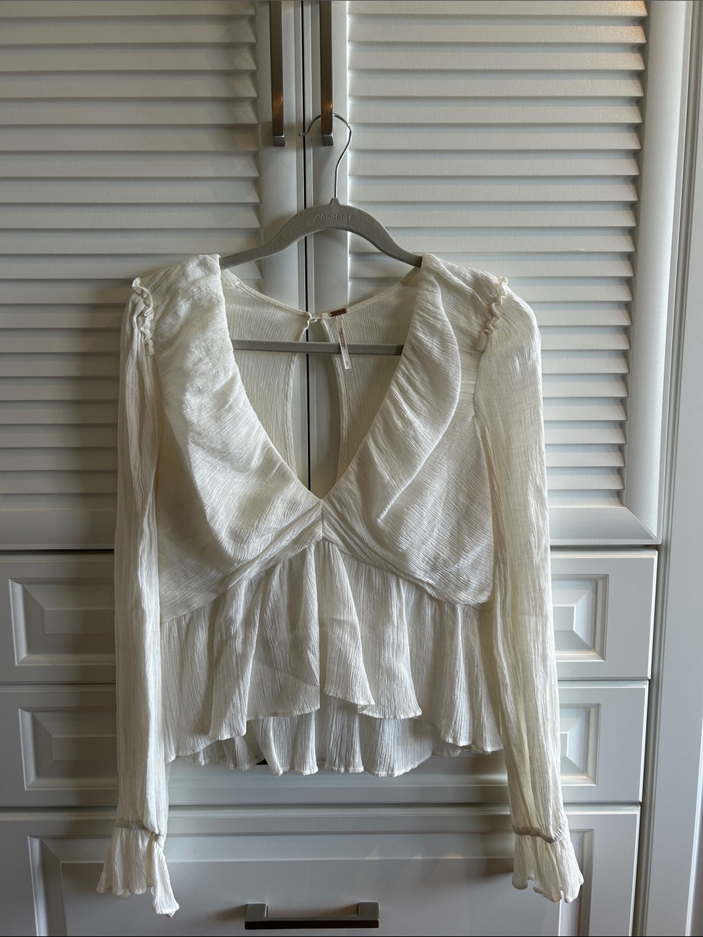 Free People Ivory Ruffle V-Neck Long Sleeve Blouse